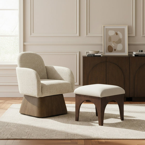 Meridian Furniture Marlowe Art Deco Swivel Accent Chair Linen Weave Upholstery Curved Back Living Room Beige Style 3 33048Beige