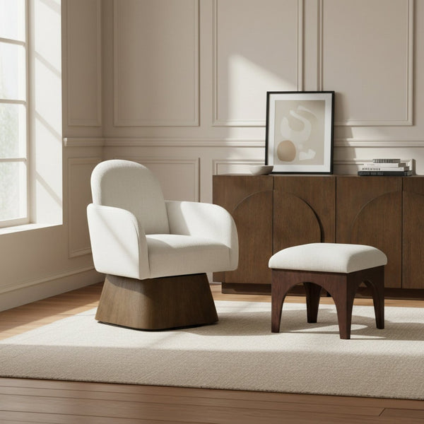 Meridian Furniture Marlowe Art Deco Swivel Accent Chair Linen Weave Upholstery Curved Back Living Room Cream Style 3 33048Cream
