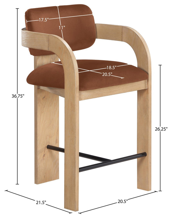 Meridian Furniture Cedra Art Deco Sculpted Velvet Counter Stool with Wood Frame for Kitchen Island Seating Cognac Style A 33052Cognac-C