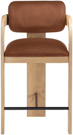 Meridian Furniture Cedra Art Deco Sculpted Velvet Counter Stool with Wood Frame for Kitchen Island Seating Cognac Style A 33052Cognac-C