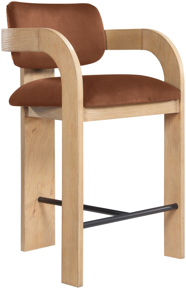 Meridian Furniture Cedra Art Deco Sculpted Velvet Counter Stool with Wood Frame for Kitchen Island Seating Cognac Style A 33052Cognac-C