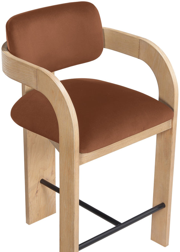 Meridian Furniture Cedra Art Deco Sculpted Velvet Counter Stool with Wood Frame for Kitchen Island Seating Cognac Style A 33052Cognac-C