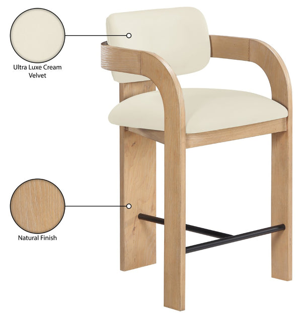 Meridian Furniture Cedra Art Deco Sculpted Velvet Counter Stool with Wood Frame for Kitchen Island Seating Cream Style A 33052Cream-C