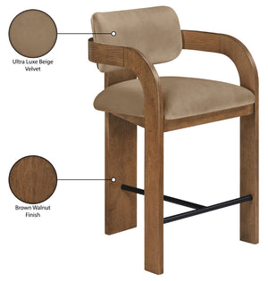 Meridian Furniture Cedra Art Deco Sculpted Velvet Counter Stool with Wood Frame for Kitchen Island Seating Beige Style B 33053Beige-C