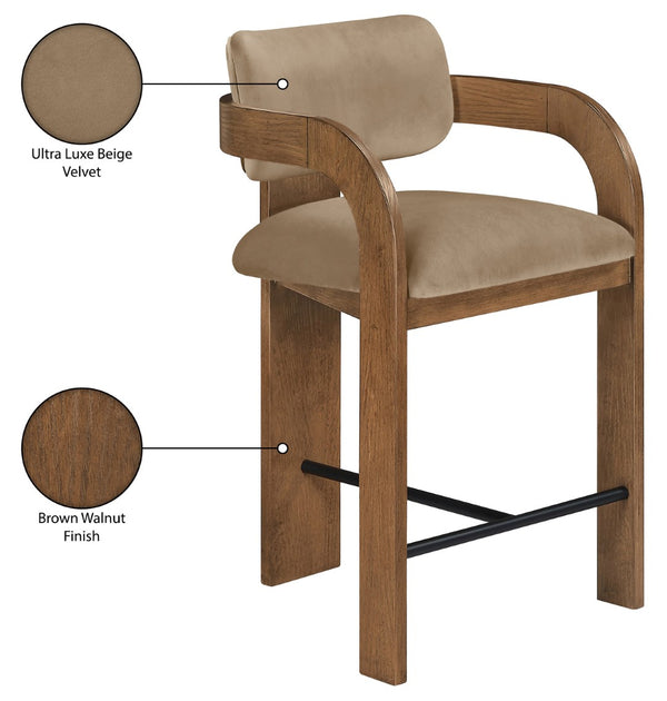 Meridian Furniture Cedra Art Deco Sculpted Velvet Counter Stool with Wood Frame for Kitchen Island Seating Beige Style B 33053Beige-C