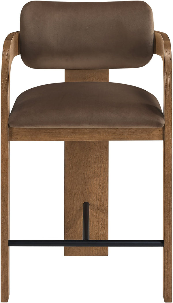 Meridian Furniture Cedra Art Deco Sculpted Velvet Counter Stool with Wood Frame for Kitchen Island Seating Brown Style B 33053Brown-C