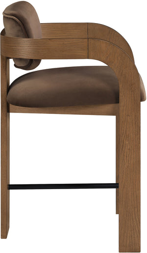 Meridian Furniture Cedra Art Deco Sculpted Velvet Counter Stool with Wood Frame for Kitchen Island Seating Brown Style B 33053Brown-C