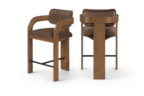 Meridian Furniture Cedra Art Deco Sculpted Velvet Counter Stool with Wood Frame for Kitchen Island Seating Brown Style B 33053Brown-C