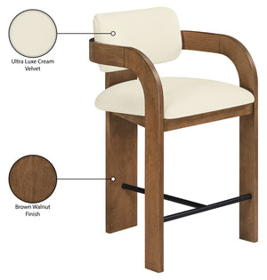 Meridian Furniture Cedra Art Deco Sculpted Velvet Counter Stool with Wood Frame for Kitchen Island Seating Cream Style B 33053Cream-C