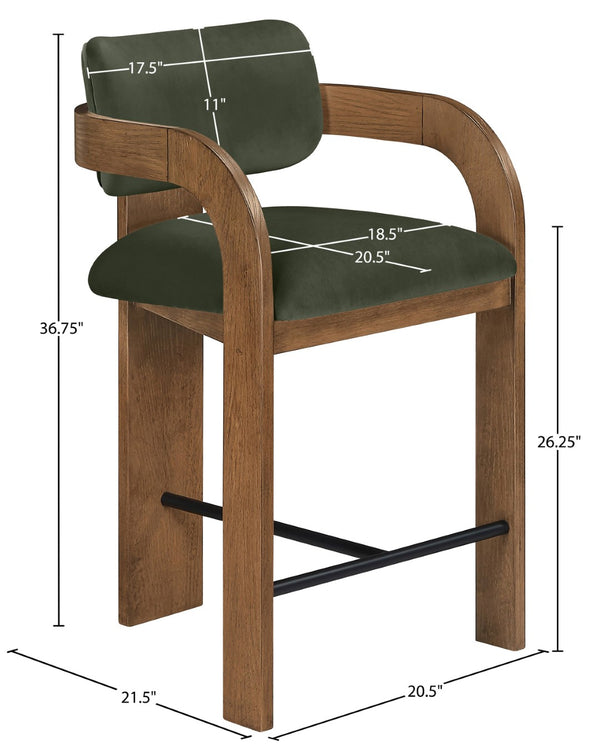 Meridian Furniture Cedra Art Deco Sculpted Velvet Counter Stool with Wood Frame for Kitchen Island Seating Green Style B 33053Green-C