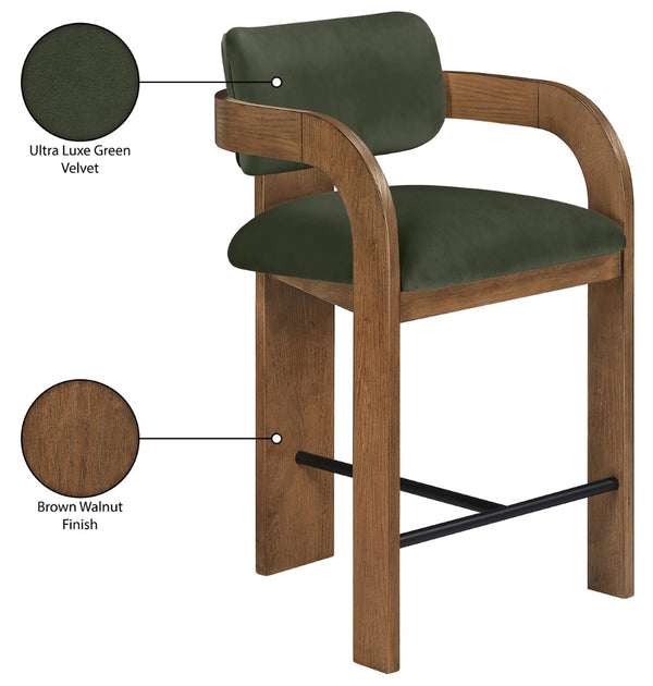Meridian Furniture Cedra Art Deco Sculpted Velvet Counter Stool with Wood Frame for Kitchen Island Seating Green Style B 33053Green-C