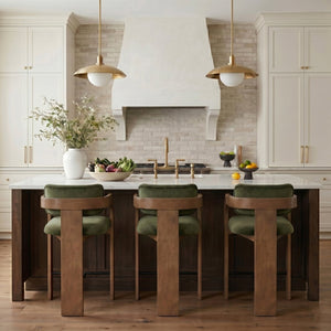 Meridian Furniture Cedra Art Deco Sculpted Velvet Counter Stool with Wood Frame for Kitchen Island Seating Green Style B 33053Green-C