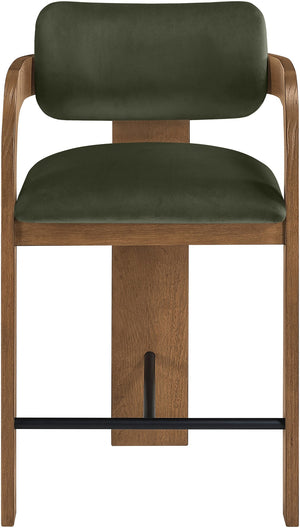 Meridian Furniture Cedra Art Deco Sculpted Velvet Counter Stool with Wood Frame for Kitchen Island Seating Green Style B 33053Green-C