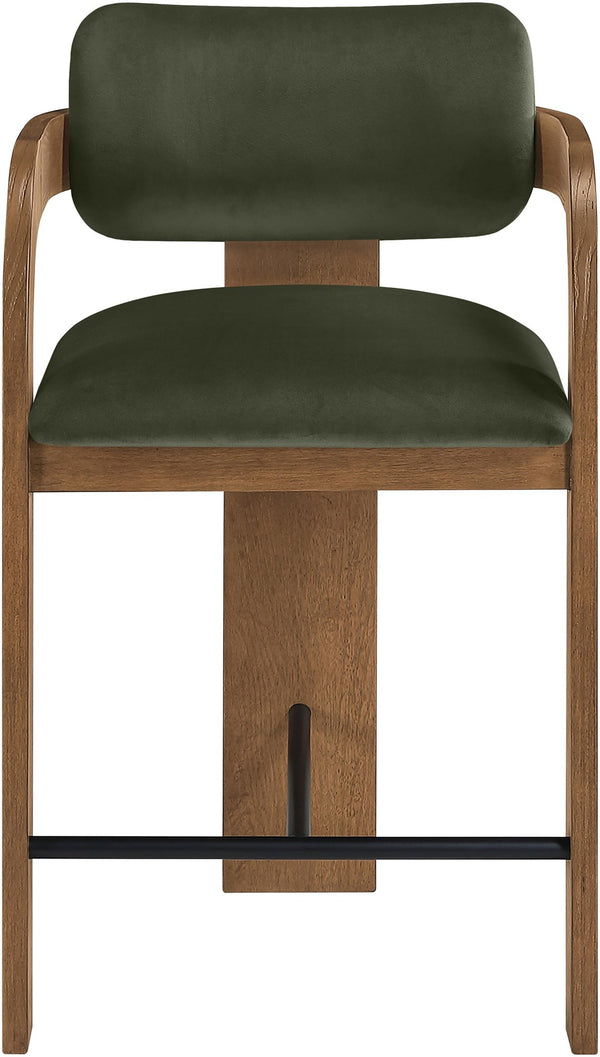 Meridian Furniture Cedra Art Deco Sculpted Velvet Counter Stool with Wood Frame for Kitchen Island Seating Green Style B 33053Green-C