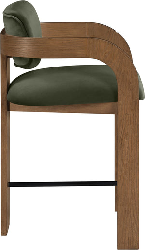 Meridian Furniture Cedra Art Deco Sculpted Velvet Counter Stool with Wood Frame for Kitchen Island Seating Green Style B 33053Green-C