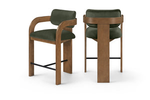 Meridian Furniture Cedra Art Deco Sculpted Velvet Counter Stool with Wood Frame for Kitchen Island Seating Green Style B 33053Green-C