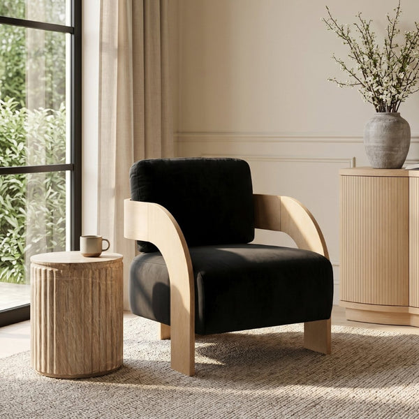 Meridian Furniture Cedra Art Deco Sculpted Accent Chair in Plush Velvet with Solid Walnut Frame Living Room Black Style A 33054Black