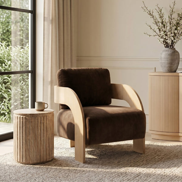 Meridian Furniture Cedra Art Deco Sculpted Accent Chair in Plush Velvet with Solid Walnut Frame Living Room Brown Style A 33054Brown
