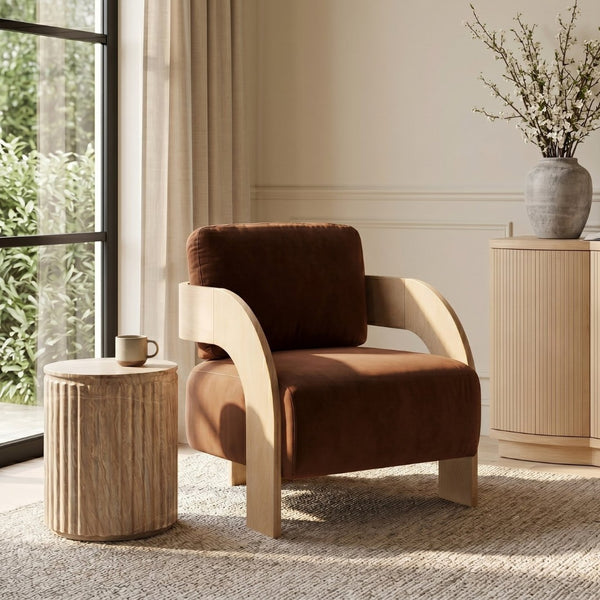 Meridian Furniture Cedra Art Deco Sculpted Accent Chair in Plush Velvet with Solid Walnut Frame Living Room Cognac Style A 33054Cognac