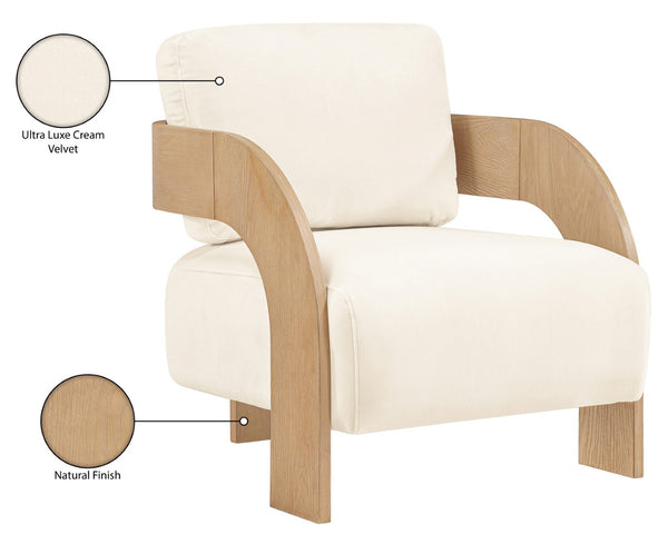 Meridian Furniture Cedra Art Deco Sculpted Accent Chair in Plush Velvet with Solid Walnut Frame Living Room Cream Style A 33054Cream