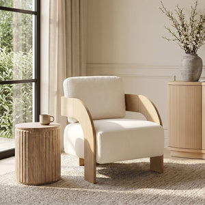 Meridian Furniture Cedra Art Deco Sculpted Accent Chair in Plush Velvet with Solid Walnut Frame Living Room Cream Style A 33054Cream