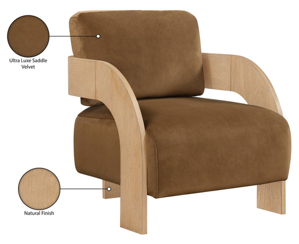 Meridian Furniture Cedra Art Deco Sculpted Accent Chair in Plush Velvet with Solid Walnut Frame Living Room Saddle Style A 33054Saddle