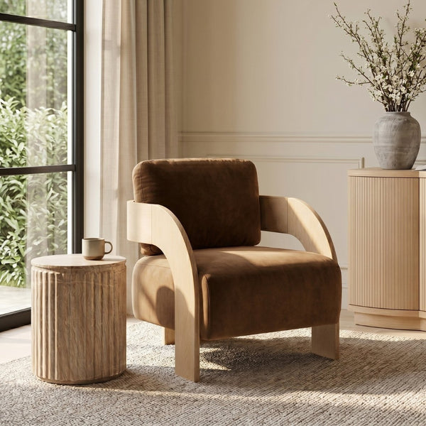Meridian Furniture Cedra Art Deco Sculpted Accent Chair in Plush Velvet with Solid Walnut Frame Living Room Saddle Style A 33054Saddle