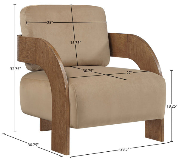 Meridian Furniture Cedra Art Deco Sculpted Accent Chair in Plush Velvet with Solid Walnut Frame Living Room Beige Style B 33055Beige