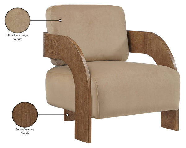 Meridian Furniture Cedra Art Deco Sculpted Accent Chair in Plush Velvet with Solid Walnut Frame Living Room Beige Style B 33055Beige