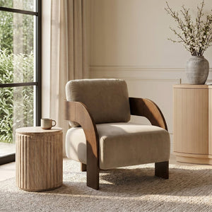 Meridian Furniture Cedra Art Deco Sculpted Accent Chair in Plush Velvet with Solid Walnut Frame Living Room Beige Style B 33055Beige