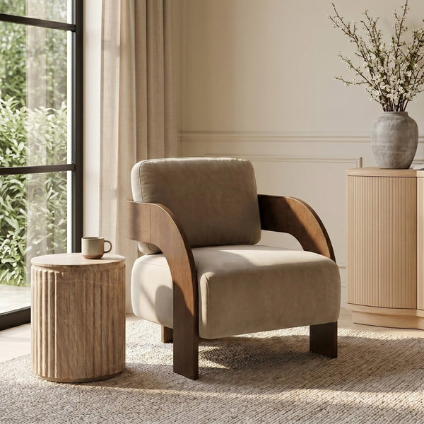 Meridian Furniture Cedra Art Deco Sculpted Accent Chair in Plush Velvet with Solid Walnut Frame Living Room Beige Style B 33055Beige