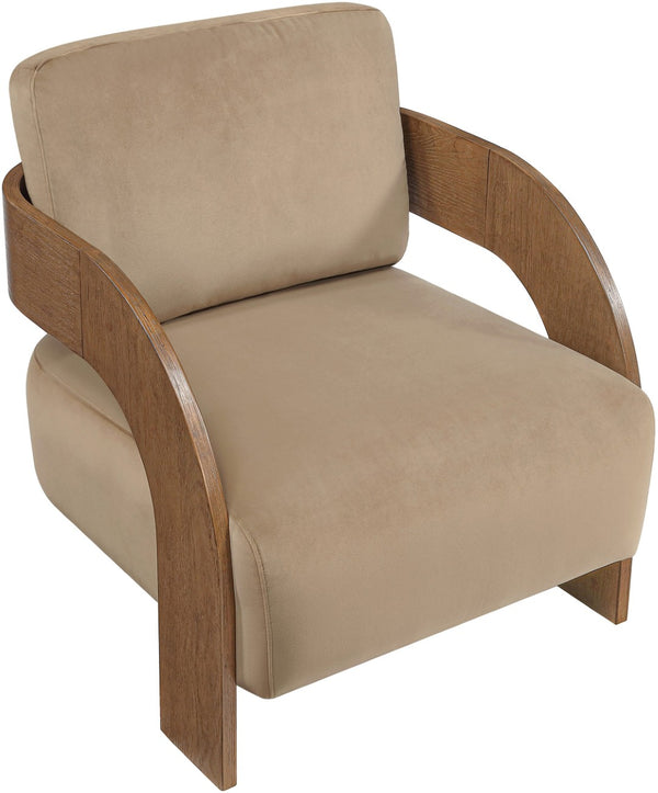 Meridian Furniture Cedra Art Deco Sculpted Accent Chair in Plush Velvet with Solid Walnut Frame Living Room Beige Style B 33055Beige