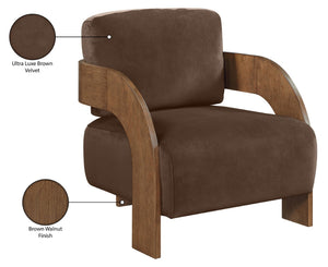 Meridian Furniture Cedra Art Deco Sculpted Accent Chair in Plush Velvet with Solid Walnut Frame Living Room Brown Style B 33055Brown