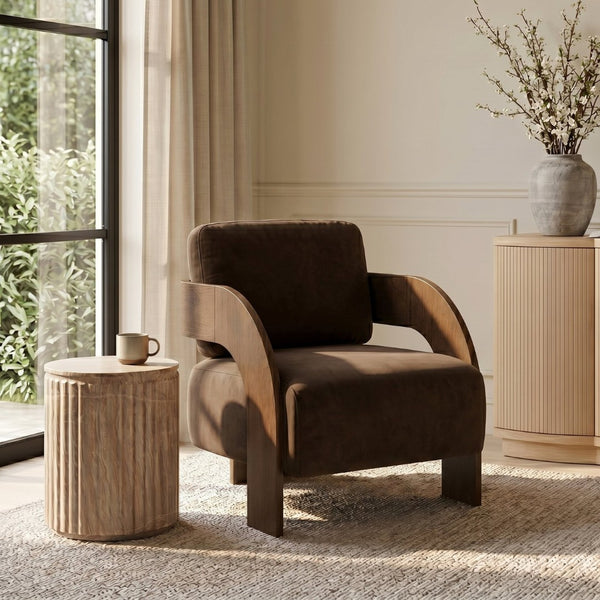 Meridian Furniture Cedra Art Deco Sculpted Accent Chair in Plush Velvet with Solid Walnut Frame Living Room Brown Style B 33055Brown