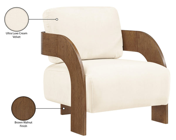 Meridian Furniture Cedra Art Deco Sculpted Accent Chair in Plush Velvet with Solid Walnut Frame Living Room Cream Style B 33055Cream