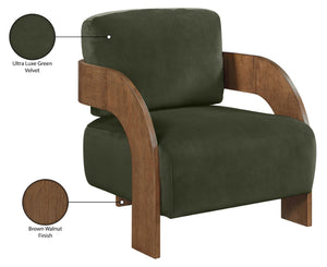 Meridian Furniture Cedra Art Deco Sculpted Accent Chair in Plush Velvet with Solid Walnut Frame Living Room Green Style B 33055Green