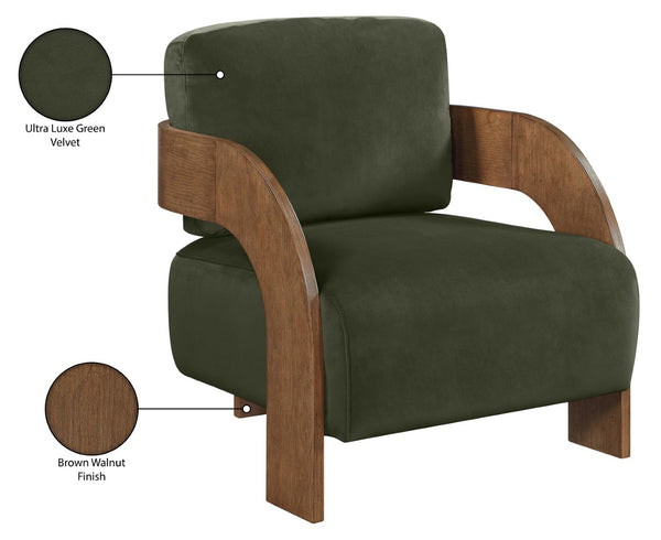 Meridian Furniture Cedra Art Deco Sculpted Accent Chair in Plush Velvet with Solid Walnut Frame Living Room Green Style B 33055Green