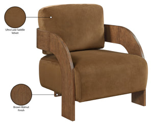 Meridian Furniture Cedra Art Deco Sculpted Accent Chair in Plush Velvet with Solid Walnut Frame Living Room Saddle Style B 33055Saddle
