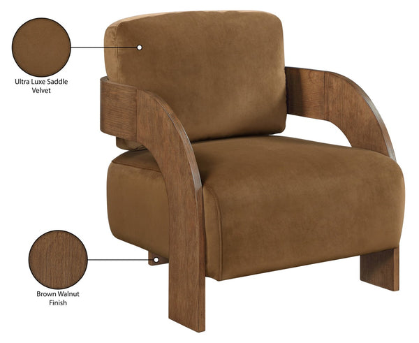 Meridian Furniture Cedra Art Deco Sculpted Accent Chair in Plush Velvet with Solid Walnut Frame Living Room Saddle Style B 33055Saddle