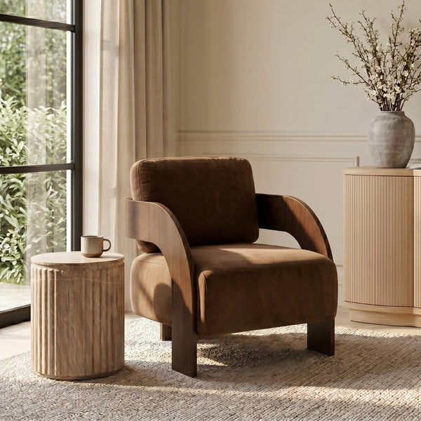 Meridian Furniture Cedra Art Deco Sculpted Accent Chair in Plush Velvet with Solid Walnut Frame Living Room Saddle Style B 33055Saddle