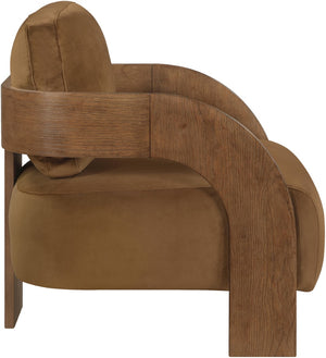 Meridian Furniture Cedra Art Deco Sculpted Accent Chair in Plush Velvet with Solid Walnut Frame Living Room Saddle Style B 33055Saddle