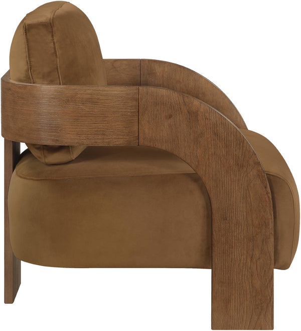 Meridian Furniture Cedra Art Deco Sculpted Accent Chair in Plush Velvet with Solid Walnut Frame Living Room Saddle Style B 33055Saddle