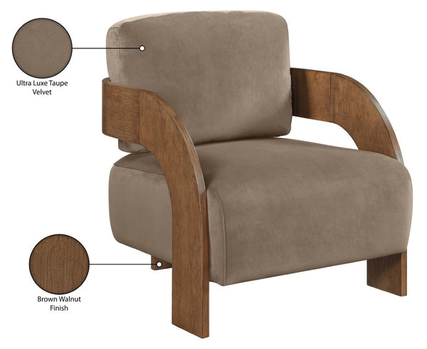 Meridian Furniture Cedra Art Deco Sculpted Accent Chair in Plush Velvet with Solid Walnut Frame Living Room Taupe Style B 33055Taupe