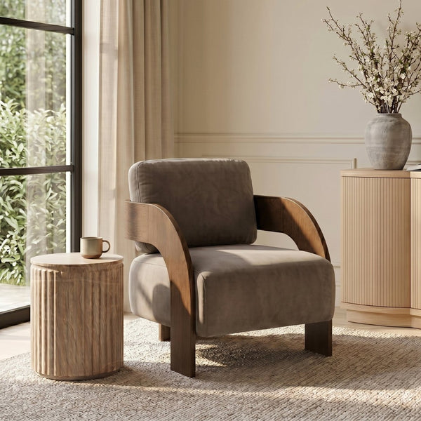 Meridian Furniture Cedra Art Deco Sculpted Accent Chair in Plush Velvet with Solid Walnut Frame Living Room Taupe Style B 33055Taupe