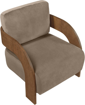 Meridian Furniture Cedra Art Deco Sculpted Accent Chair in Plush Velvet with Solid Walnut Frame Living Room Taupe Style B 33055Taupe