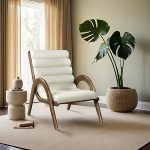 Meridian Furniture Randal Art Deco Channel Tufted Vegan Leather Accent Chair with Wood Frame for Living Room Cream C 33058Cream