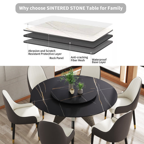 English Elm 59.05" Round Marble Dining Table With Silver Stainless Steel Base, Lazy Susan For 6-8 Guests, Elegant Design W1535S00392