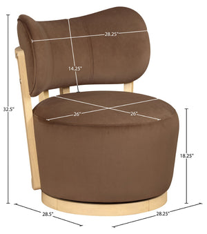 Meridian Furniture Elara Velvet Swivel Accent Chair with Brass Accents and Walnut Frame for Modern Living Rooms Brown 33062 33062Brown