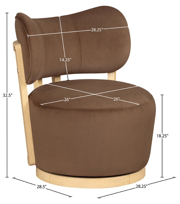 Meridian Furniture Elara Velvet Swivel Accent Chair with Brass Accents and Walnut Frame for Modern Living Rooms Brown 33062 33062Brown