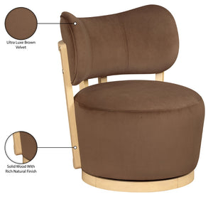 Meridian Furniture Elara Velvet Swivel Accent Chair with Brass Accents and Walnut Frame for Modern Living Rooms Brown 33062 33062Brown
